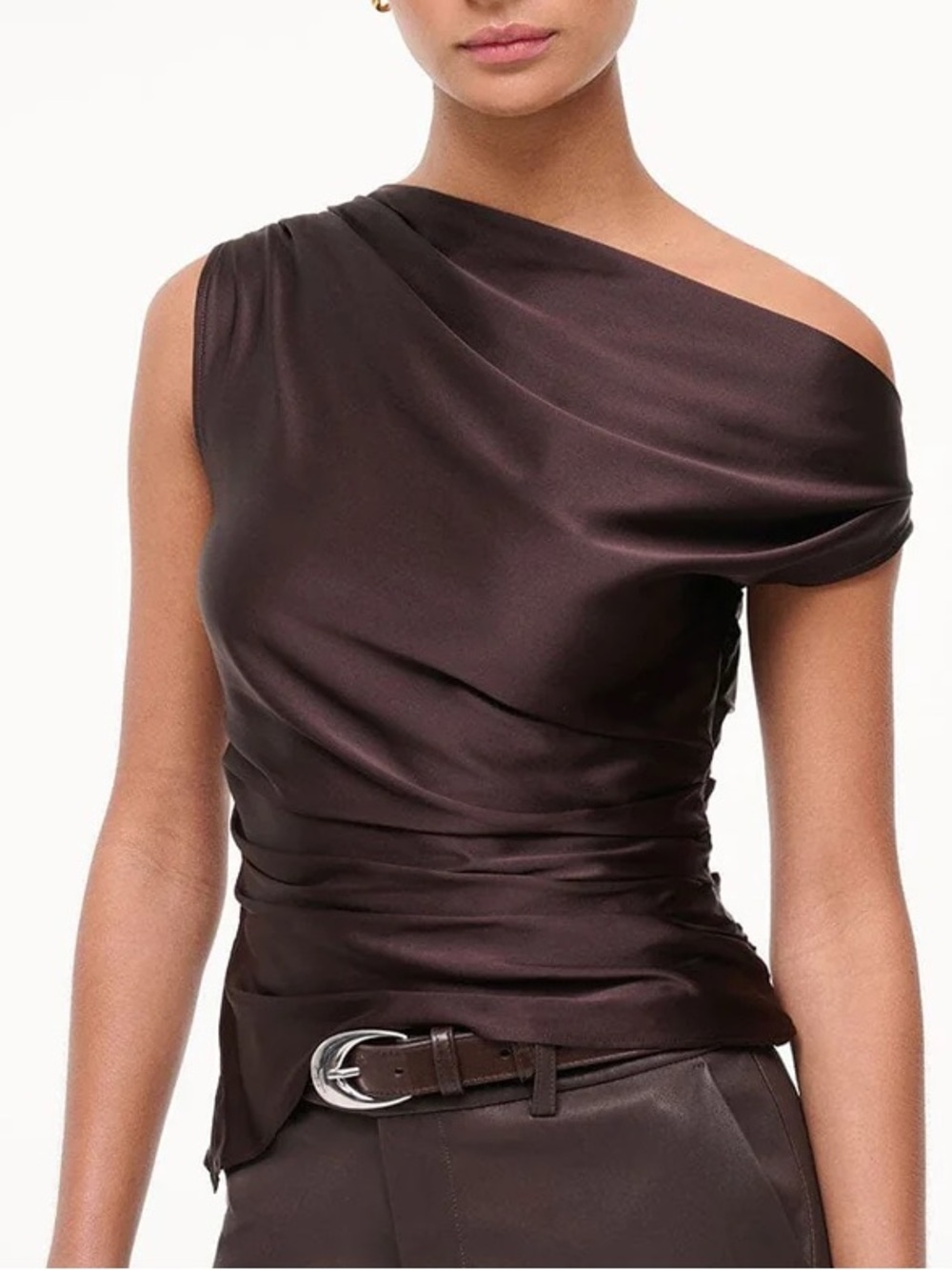 Staud Phare Silk Top in Earth -Draped Tank Shirt Satin Fitted Blouse 00 NEW NWT